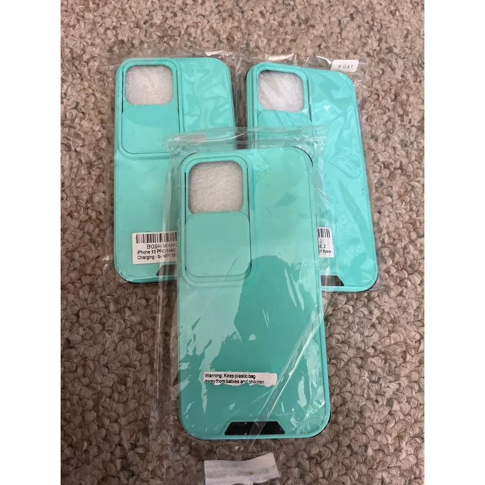 New Lot of 3 iPhone 13 Pro Max Solid Blue Teal Cases Sliding Camera Lens Cover